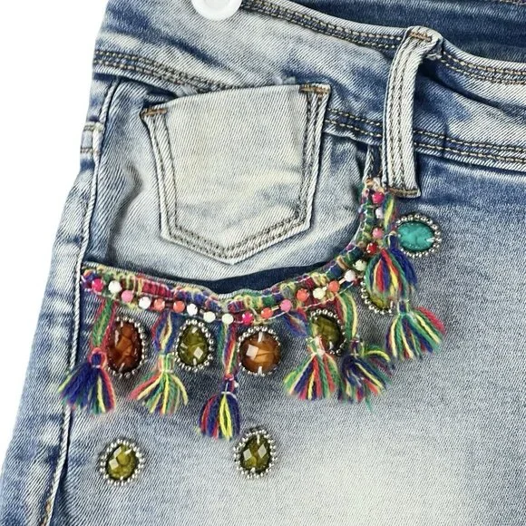 Chelsea & Violet Stretch Blue Denim Shorts Size 30 Fringed Cut off Beads Tassels - Picture 3 of 10
